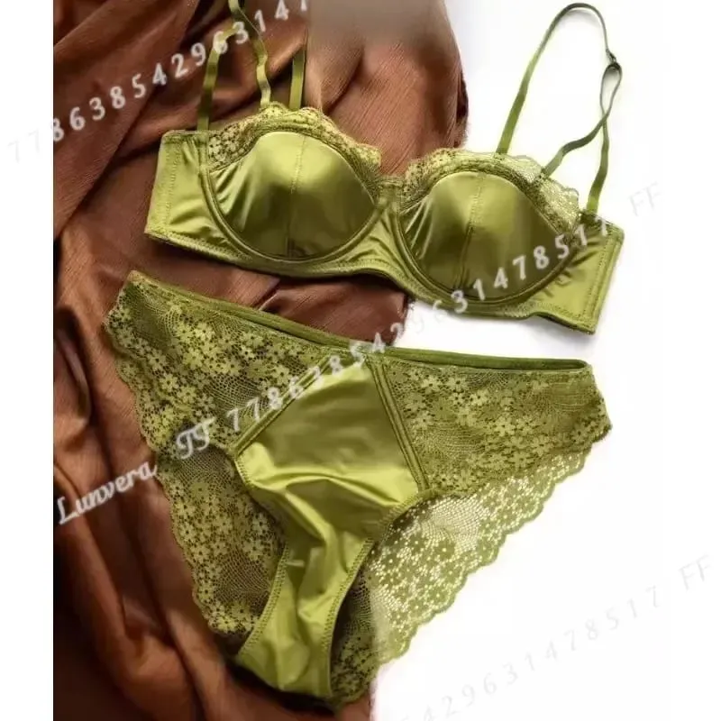 Conjunto de sutiã meia xícara de cetim sexy com anel de aço fino e confortável suporte superior borda de renda verde lingerie brilhante para mulheres — image 3
