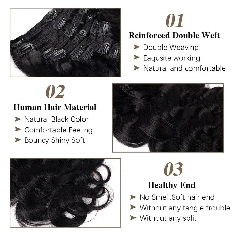 Klip Gelombang Badan Dalam Sambungan Rambut Manusia Kepala Penuh Klip Rambut Dara Brazil pada Sambungan Rambut untuk Wanita 8 Keping/Set Pakan 120Gram — image 3