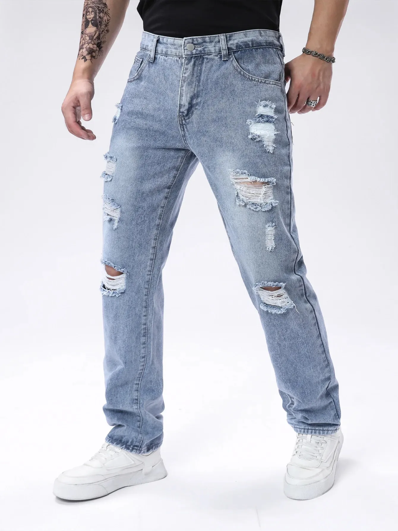 Jean en Denim effiloché déchiré bleu clair pour hommes, jambe droite Non extensible, ample, Baggy, pantalon en détresse, Vintage Y2K Hip Hop Da — image 8