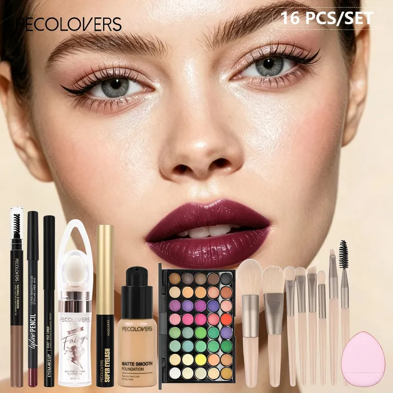 16PCS/SET Bright Multicolor Eyeshadow Long Lasting Foundation Primer Eye Lip Makeup and Soft Makeup Brushes for Party Looks