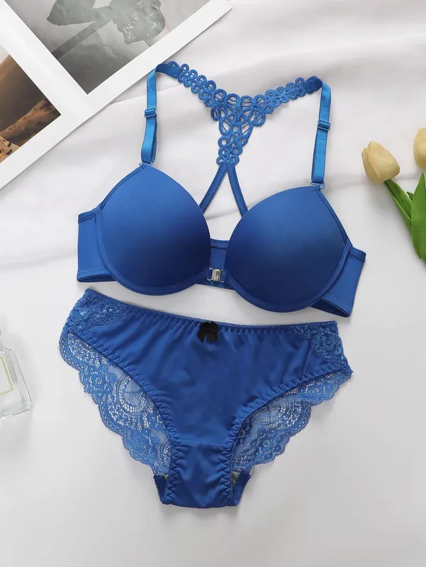 Set intimo da donna nero rosso blu con cerchi in acciaio, fibbia anteriore, bellissimo reggiseno pull up posteriore A2128 — image 5