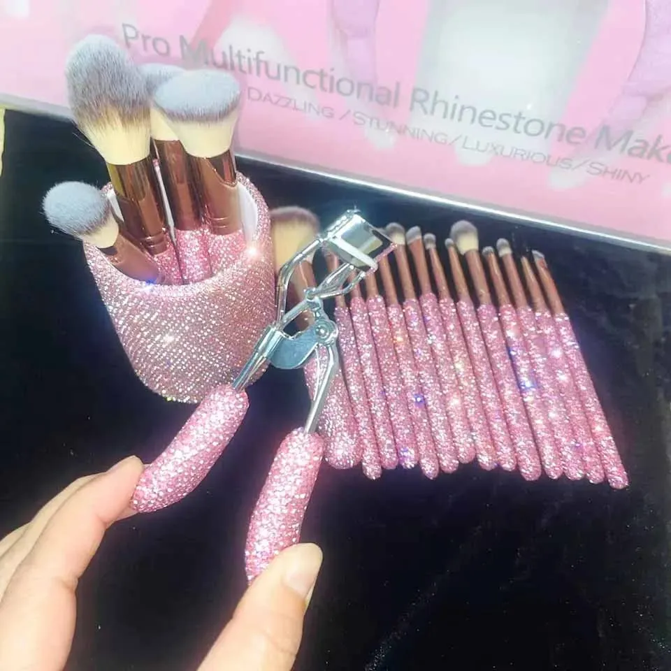 סט מברשות גליץ וגלאם 22 יחידות חבילה RHINESTONE גלאם מברשות סט מברשות איפור בלינג מברשות יהלום איפור מברשות דלי אחסון עם קופסה — image 3