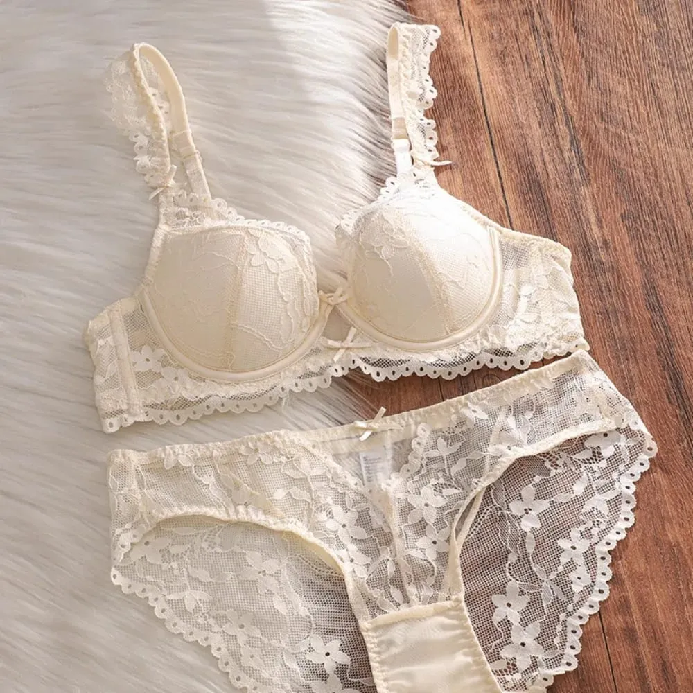 Set Bra Pakaian Dalam Renda Perancis Berwayar Dalam Cawan Nipis Sokongan Sisi Anti Kendur Seluar Dalam Wanita Mesra Payudara Penuh 32‑38AB — image 2