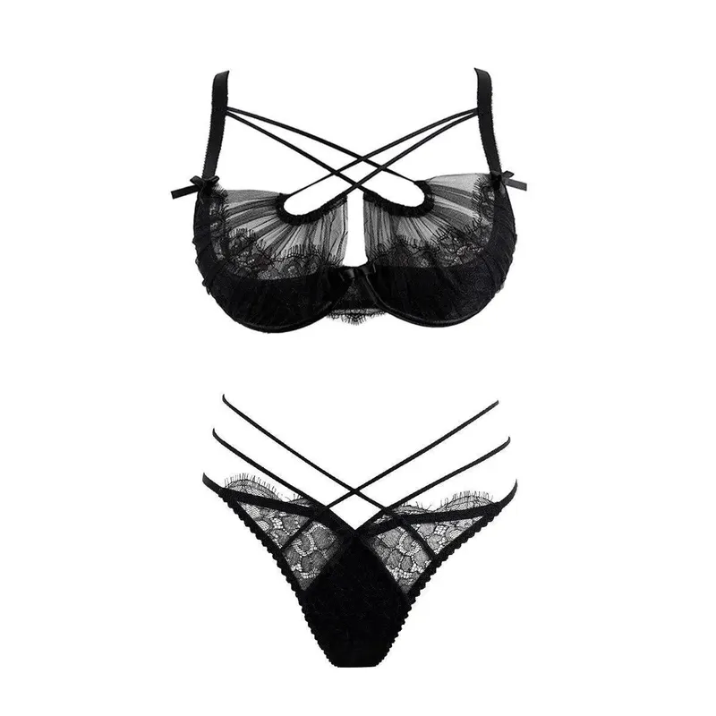 French Lace Embroidery Cross Strap Lingerie Set Mesh Push Up Bra Panty Hollow Sexy Women Intimate Underwear Suit S-XL Party Wear — image 8