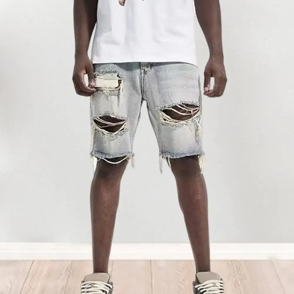Pantaloncini estivi da uomo in denim effetto invecchiato con bottoni con cerniera e tasche multiple Jeans corti vestibilità dritta con fori strappati lunghezza al ginocchio invecchiato — image 7