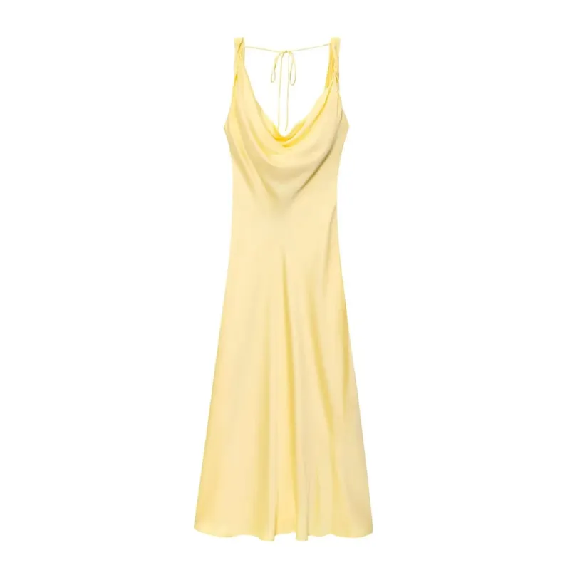 HH Abito longuette da donna in stile vacanza in raso con scollo a V senza schienale Abito estivo femminile elegante con cinturino allacciato — image 9