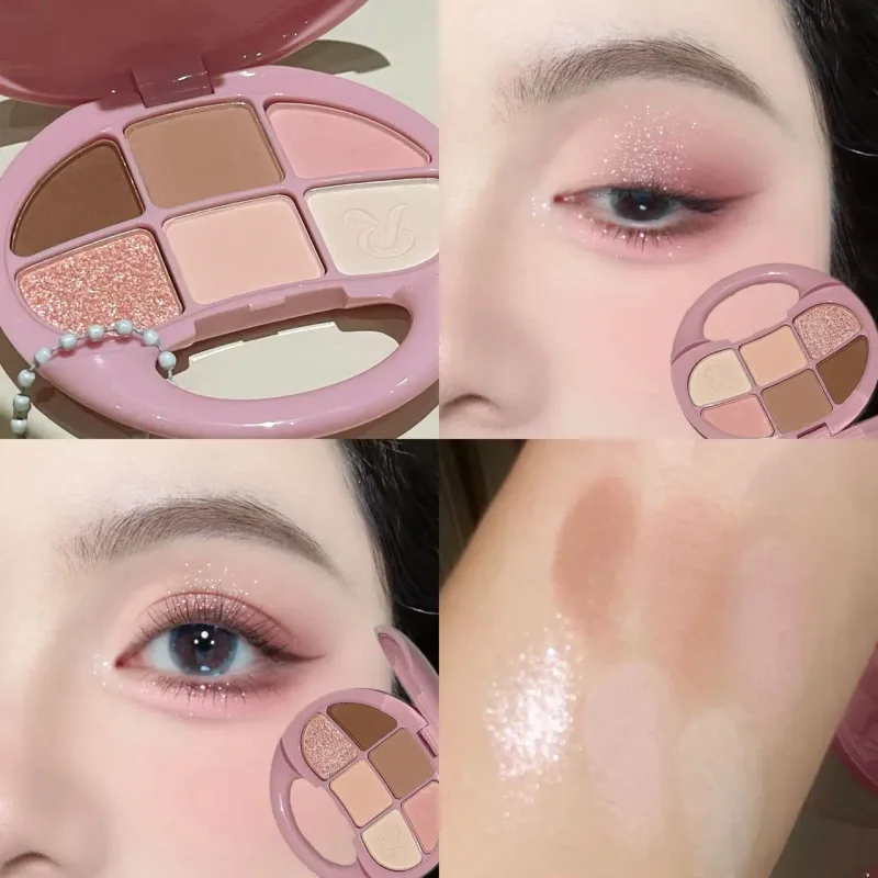 Palette di ombretti marrone castano da 6 colori Ombretto opaco luccicante Illumina la tavolozza di trucco con pigmenti per occhi rosa glitterati impermeabili