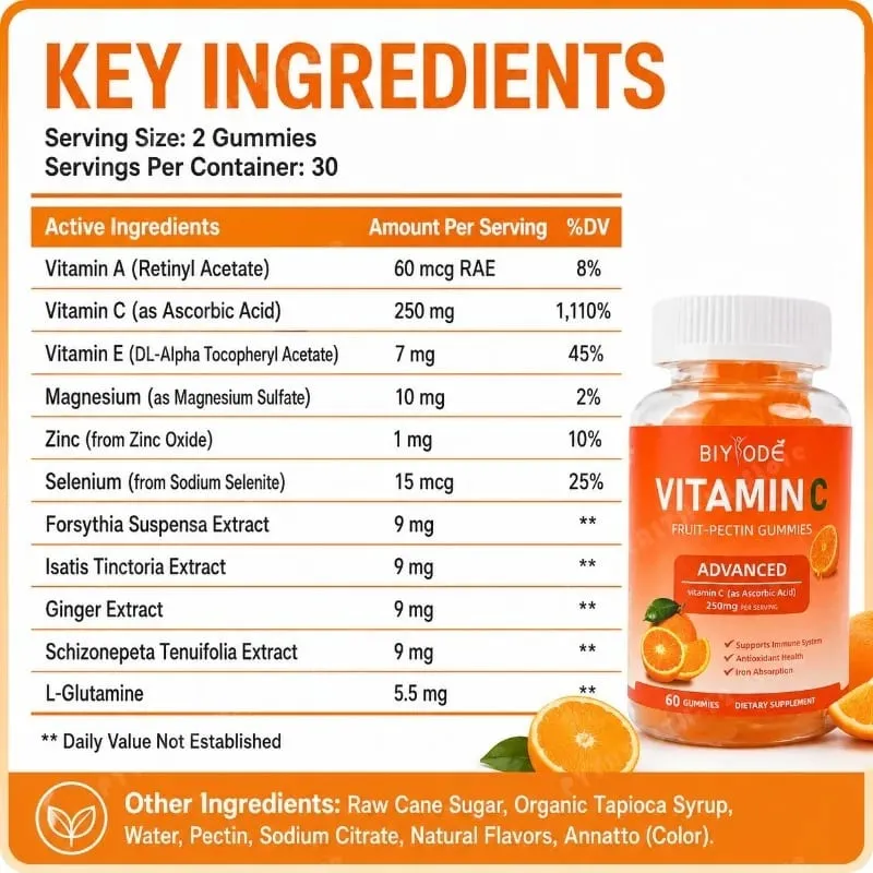 Vitamin C Gummies 250mg with Vitamins A and E Orange Fruit Pectin Chewables 60 Count Daily Nutrition for Adults Men & Women — image 6
