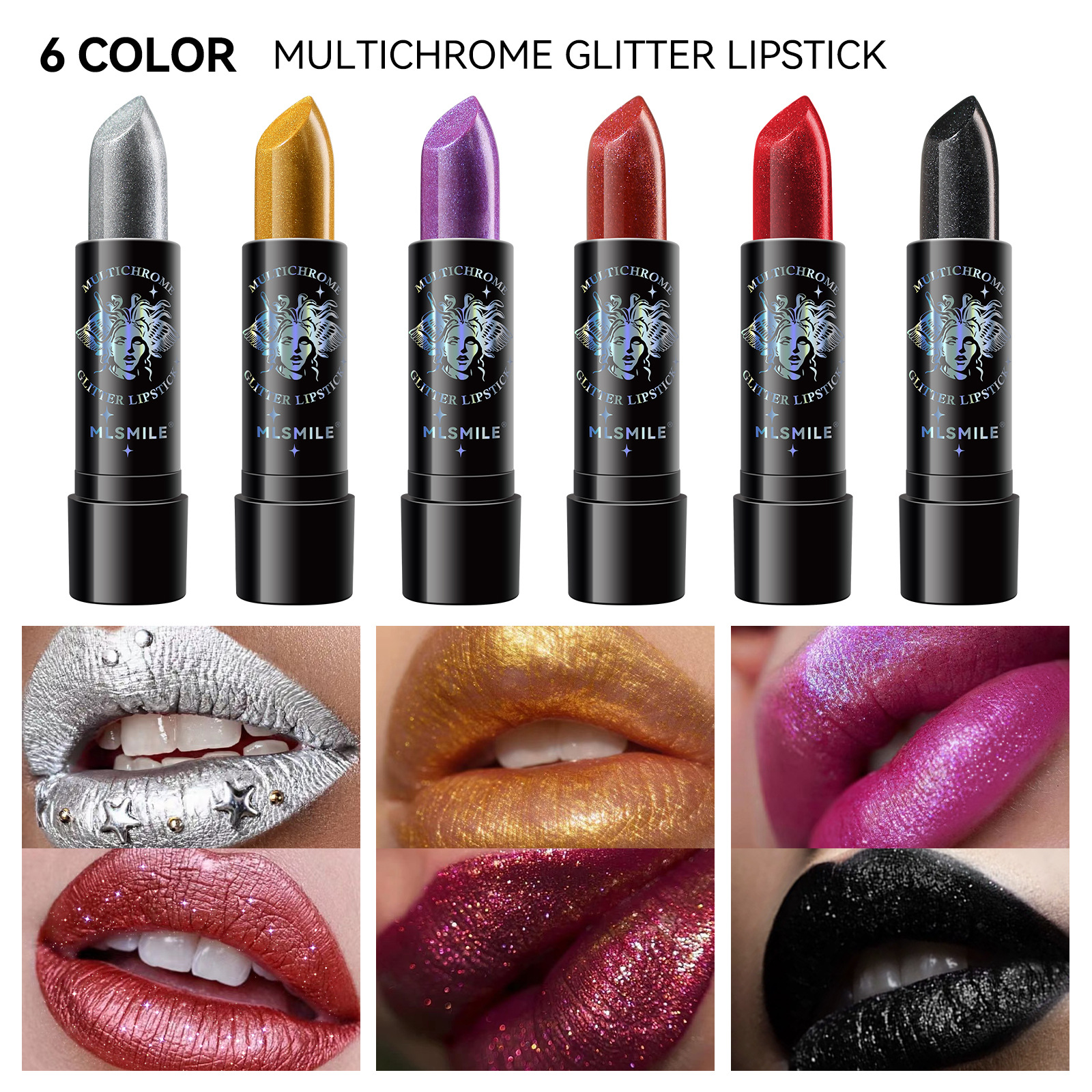 Rossetto glitterato 6 colori Impermeabile a lunga durata Diamante Rossetto metallizzato perlescente Lucidalabbra nero Labbra da donna Trucco cosmetico — image 5