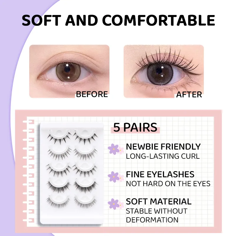 5 Paar Manga-selbstklebende falsche Wimpern im gemischten Stil, kleberfreie, wiederverwendbare natürliche Streifenwimpern für das tägliche Augen-Make-up — image 6