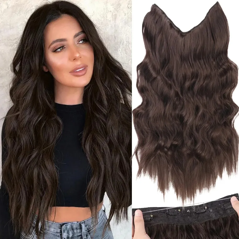 Black Halo Hair Extensions ที่มองไม่เห็นลวดปรับขนาด 22 นิ้วยาว Wavy Curly Hairpieces สำหรับผู้หญิงไม่มีคลิป — image 1