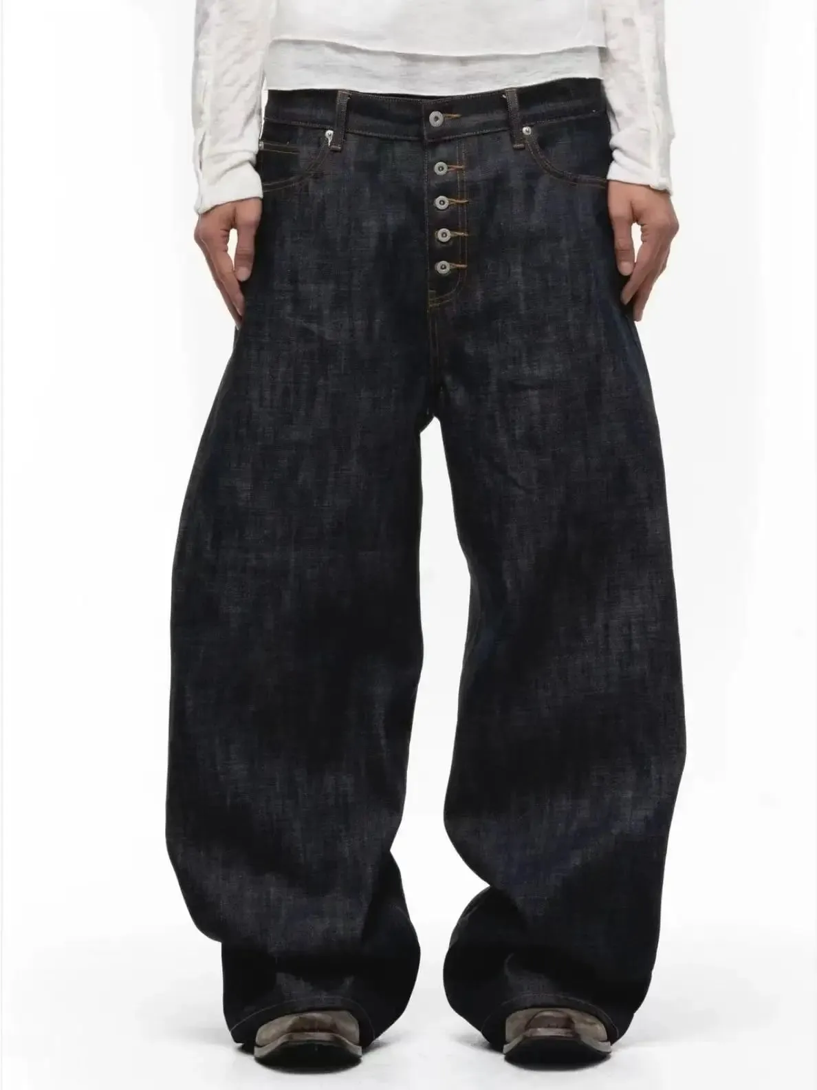 การออกแบบปุ่ม Machete DENIM Baggy กางเกงยีนส์ผู้ชาย High Street EDGE Selvedge Niched HIPHOP หลวมยาวกางเกงขากว้าง 12377