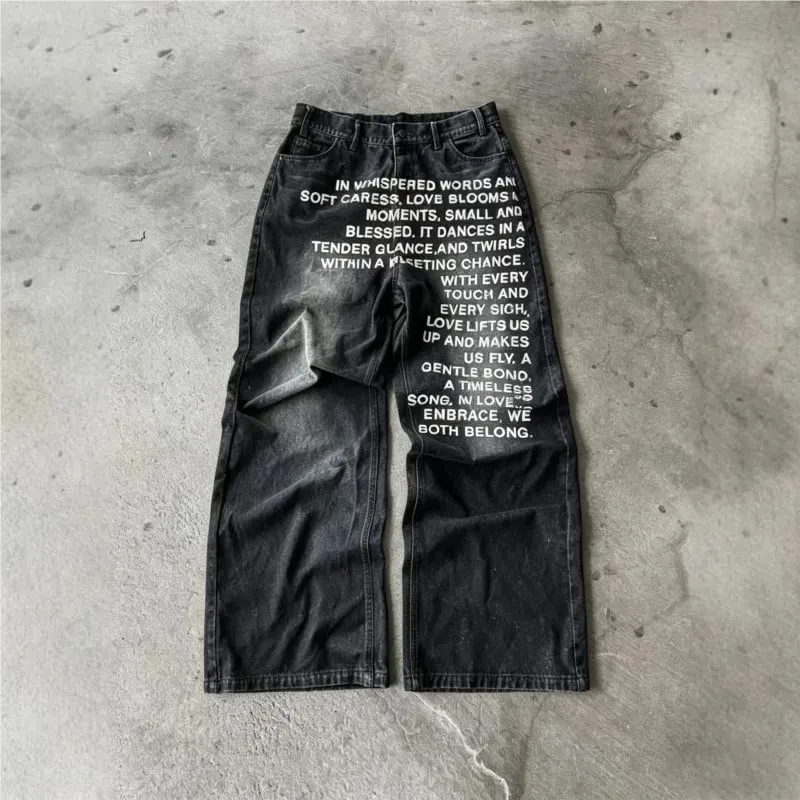 American Retro Lelaki Seluar Jeans Bercorak Huruf Bercorak Jalan Tinggi Y2K Goth Wanita Uniseks Longgar Kasual Seluar Mop Kaki Lebar — image 4