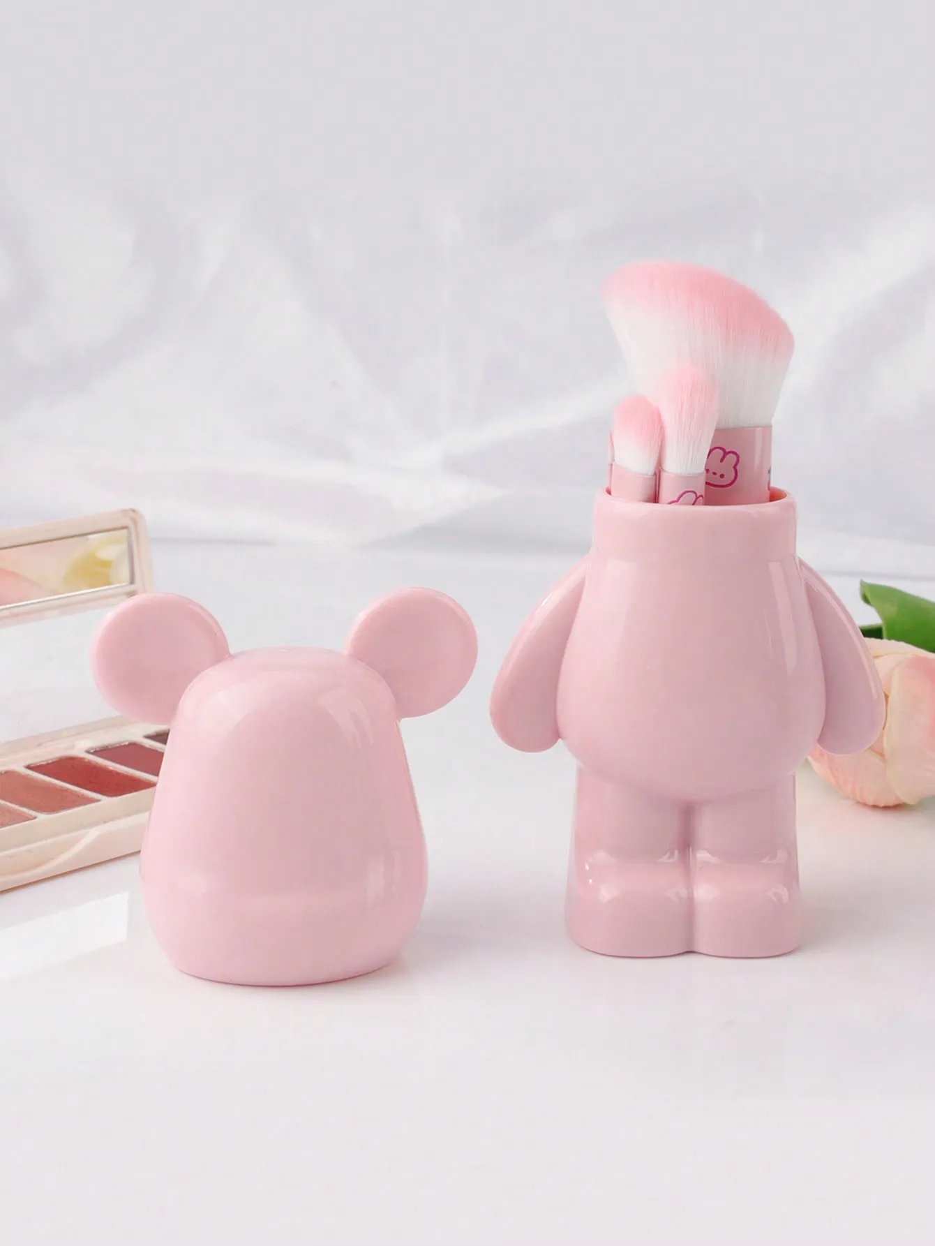 4-delige make-upborstelset met kersenprint en schattig beervormig opbergdoosje Blush met zachte haren Oogschaduwdetail make-upborstelset — image 4
