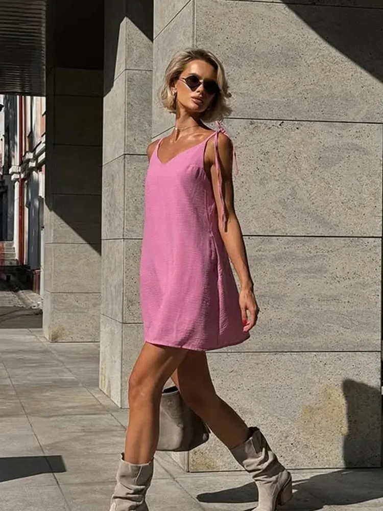 Ahagaga Fashion Women's Dresses Solid Straps Bandage Regular Causal V-Neck Sleeveless Summer Camisole Loose Sweet Femlae Vestido — image 4