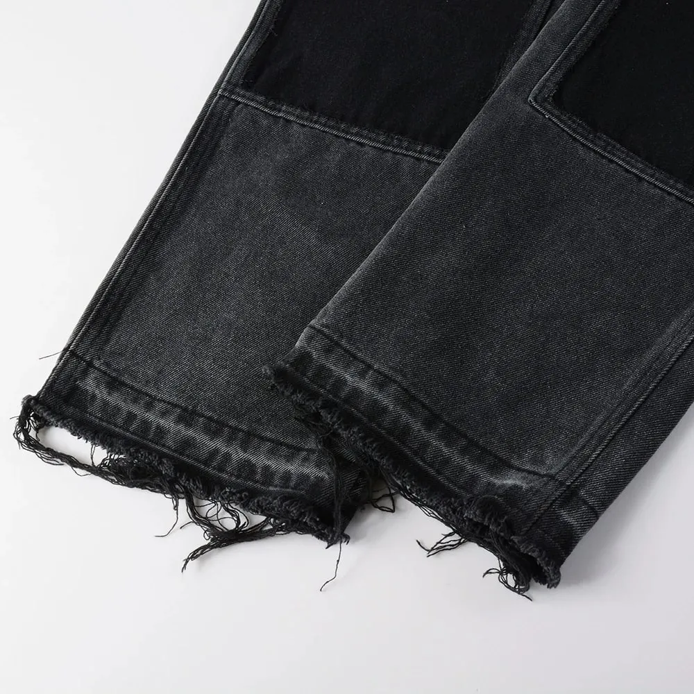 Mænd Patch Cargo Denim Jeans Streetwear Nitte Frigivet Hem Patchwork Bukser Knap Flue Løse Lige bomuldsbukser — image 4