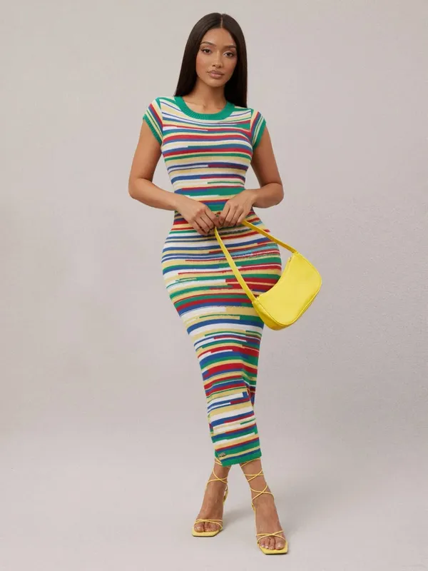 Multi-color rainbow-striped knitted round-neck short-sleeved dress suitable for various daily outfits elegant and casual women — image 3