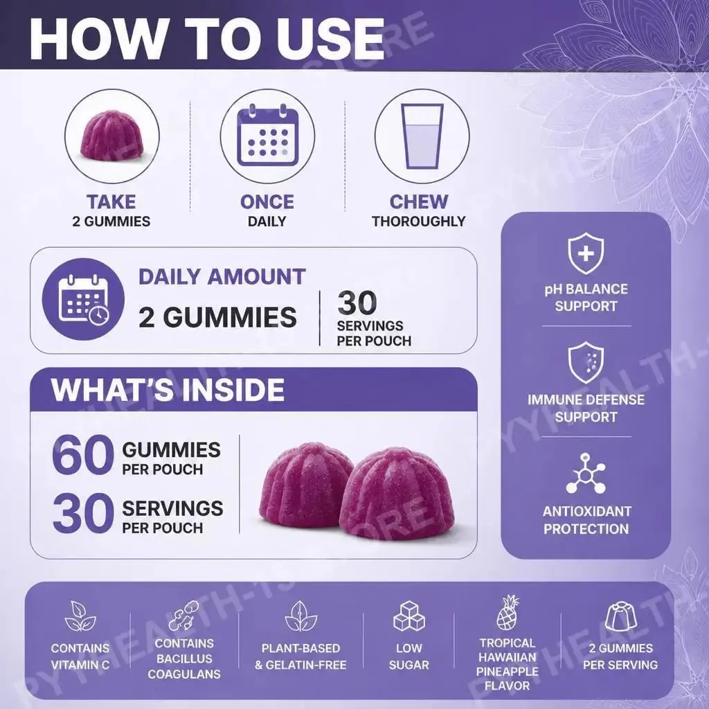 Kesihatan Faraj Gummies Sokongan Keseimbangan PH dengan Vitamin C dan Serbuk Buah Nanas Kesejahteraan Harian Tanpa Gelatin 60 Gummies — image 4