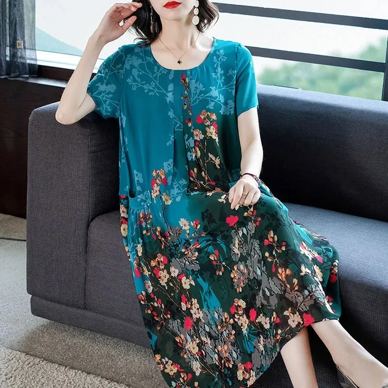 Mutter Kleidung Sommer Chiffon Kleider Oansatz Mid-Lange Gedruckt A-linie Kleid Große Größe Kurzarm Mittleren Alters frauen Vestidos — image 4
