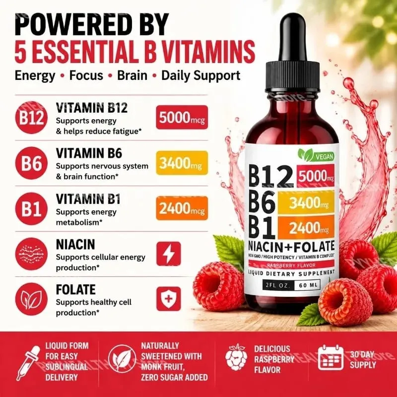 B12 B6 B1 Niacine Folate Liquide Sublingual Vegan B-Complex Gouttes pour l'énergie quotidienne et le soutien de la concentration Framboise pour hommes femmes 60 ML — image 3