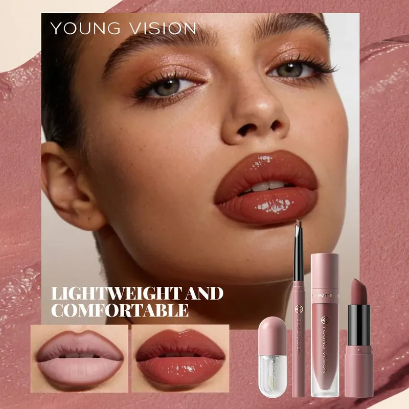Set 4Pcs Lip Makeup Kit Liner Lipstick Liquid Lip Oil 8 Colors Optional Matte Velvet Lip for Daily Party Makeup — image 2