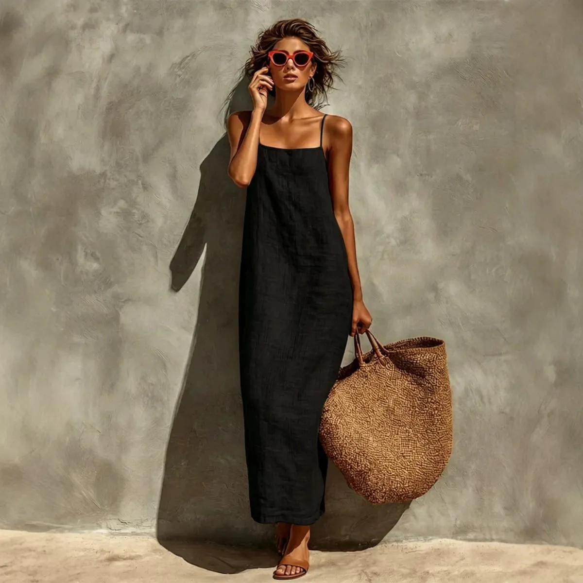 ฤดูร้อนผู้หญิงสีทึบสบายๆลื่น Sundress ทราย Beachwear แขนกุดหลวม Maxi ยาวชุดวันหยุด — image 4