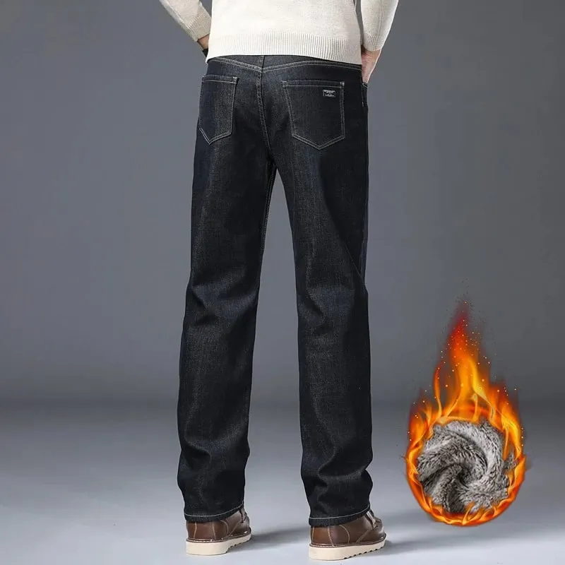 Jeans addensati foderati in pile da uomo Pantaloni in denim slim fit elasticizzati caldi invernali Pantaloni morbidi e comodi per l'abbigliamento da lavoro quotidiano — image 6
