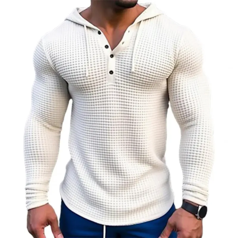Spring Solid Color Slim Fit Long Sleeved T-shirt Men's Hooded Breathable Sports Top Waffle Cotton Casual Long Sleeved Shirt — image 4