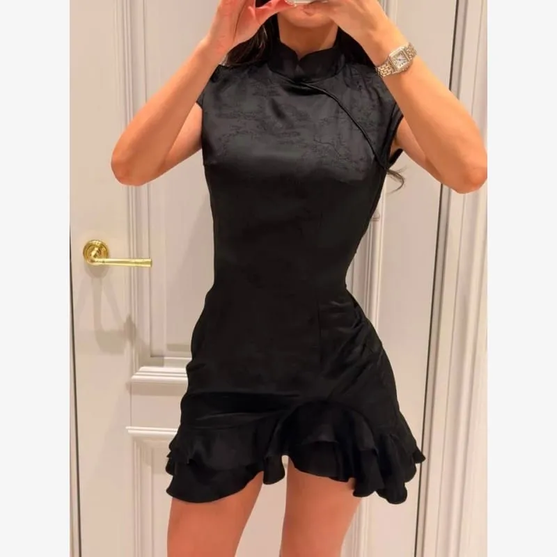 Women Mandarin Collar Ruffle Hem Mini Qipao Chinese Style Cap Sleeve Slim Fit Cheongsam Dress Dating Daily Party Outfit — image 6
