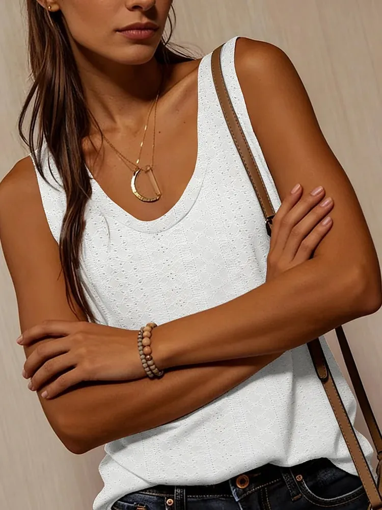 Damen-Tanktop für Frühling und Sommer, weiß, V-Ausschnitt, ärmellos, perforierte Textur, entspannt, frisch, elegant, täglich, lässig — image 5