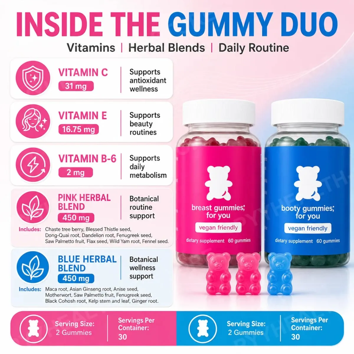 Top&Peach Support Combo Pack Multivitamin Gummies pour femmes Comprend des extraits de plantes et des vitamines essentielles Sans gluten 60 unités — image 5