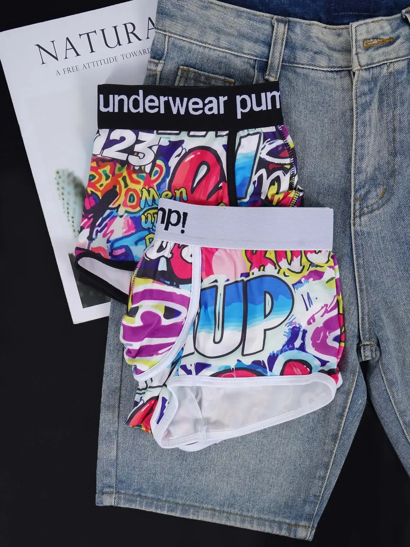 1- 4PCS Seluar Boxer Campuran Nilon Kapas Lelaki Seluruh Cetak Graffiti Pinggang Bergetah Lebar Seluar Dalam Fesyen Tidak Ketat — image 3
