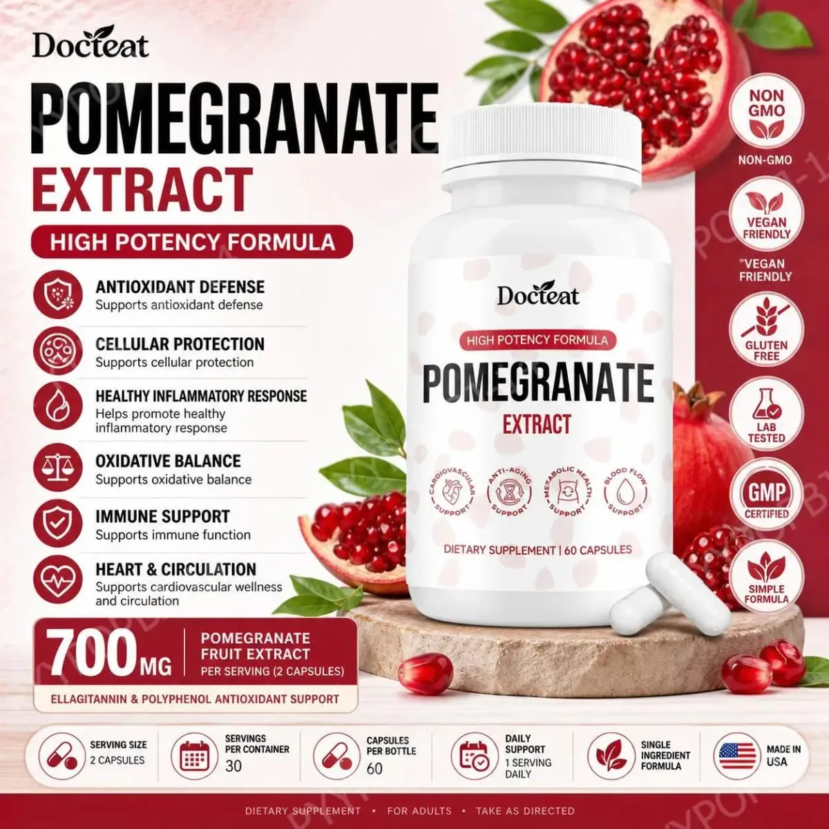 Docteat Capsules d'extrait de fruit de grenade Ellagitannin Défense antioxydante Soutien immunitaire et équilibre oxydatif 60 Capsules — image 2
