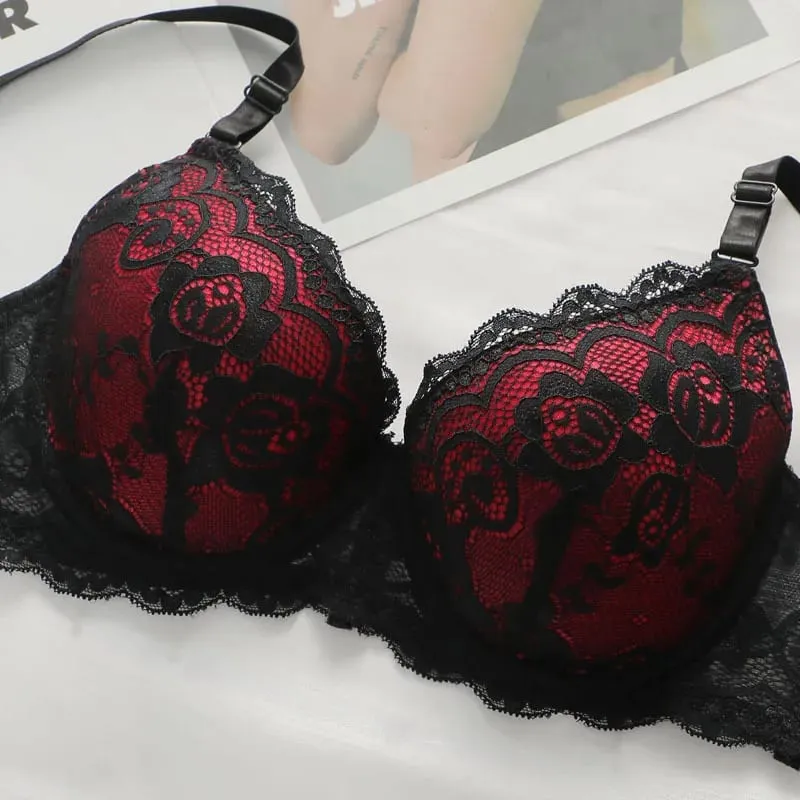 ผู้หญิงสีแดงและสีดำลูกไม้ชุดชั้นในและชุดกางเกง Push Up Underwire ชุดชั้นใน 2026 — image 4