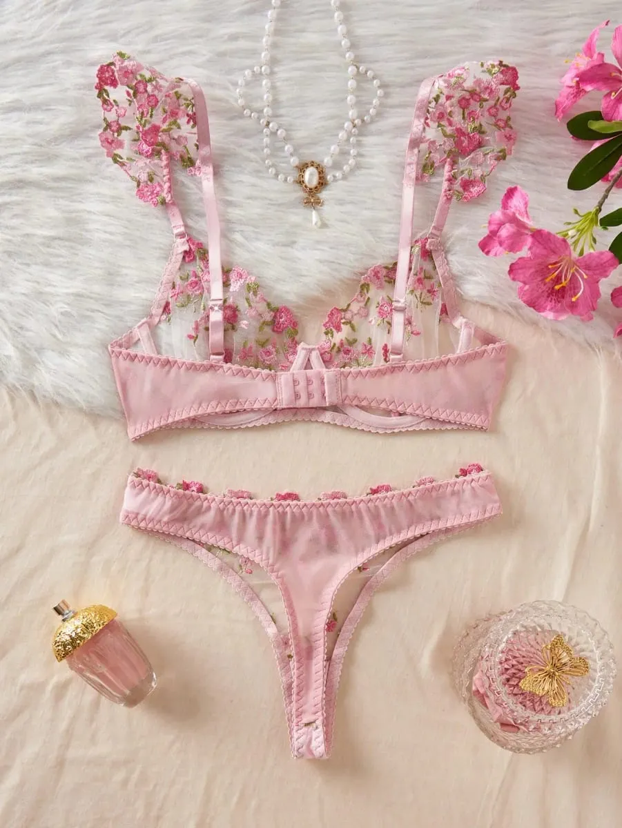 1 Set Romantic Rose Flower Embroidery Lingerie Set Ruffle Strap Sheer Mesh Bra Thong Set — image 2