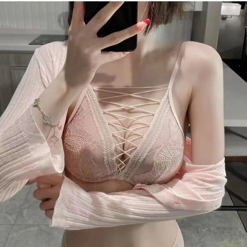 ภาษาฝรั่งเศสคำเซ็กซี่ชุดชั้นในชุด Underwire Push Up Bra สำหรับหน้าอกขนาดเล็กลึกรวบรวม Lace Up Cutout Pure Look CA MOYISU เซ็กซี่ Tushy — image 4