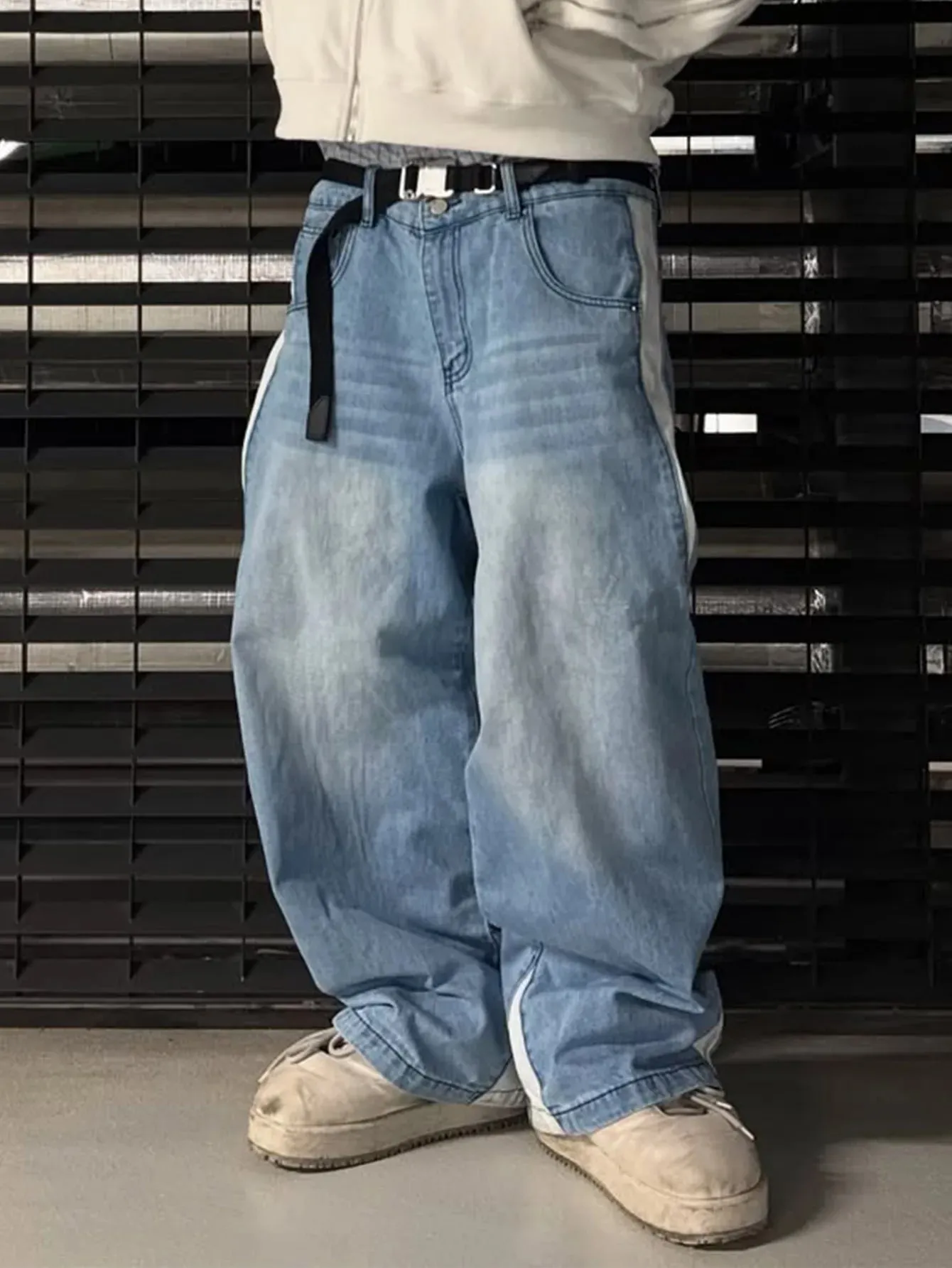 Geniş Bacak Kot Erkekler Düz Pantolon Vintage Patchwork Yıkanmış Sıkıntılı Orta Bel Cepler 2025 streetwear denims Gevşek Pantolon — image 6