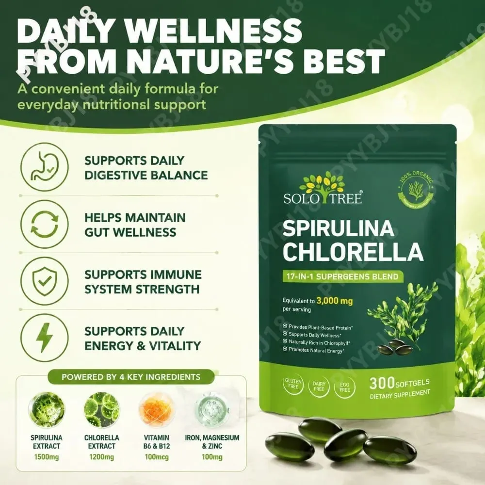 Solo Tree Spirulina Chlorella Softgels dengan Mikroalga Organik Vitamin B6 B12 Keseimbangan Pencernaan & Dukungan Kekebalan Tubuh 300 Softgels — image 3