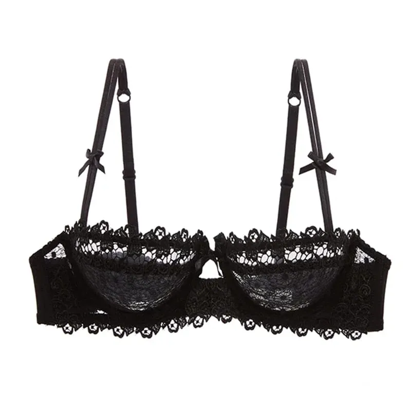 PLUS ขนาดเซ็กซี่ครึ่งถ้วยลูกไม้ Bra SHEER ตาข่าย Unlined Bralette สำหรับผู้หญิง A D ถ้วยที่มองไม่เห็น Push Up Underwire ชุดชั้นในชุด