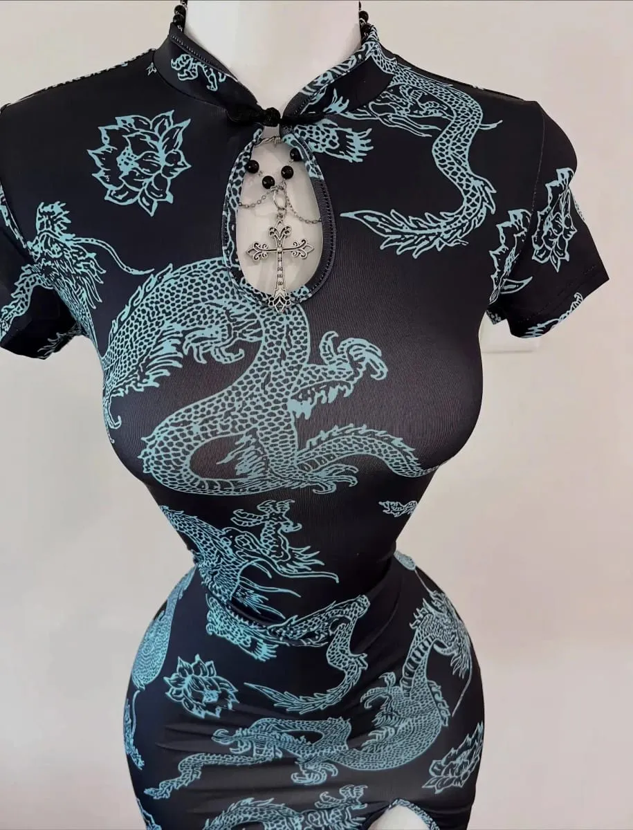 National Trend Style Dragon Mønster Forbedret Cheongsam kortærmet stand-up krave med knappet sexet slids kort nederdel — image 5
