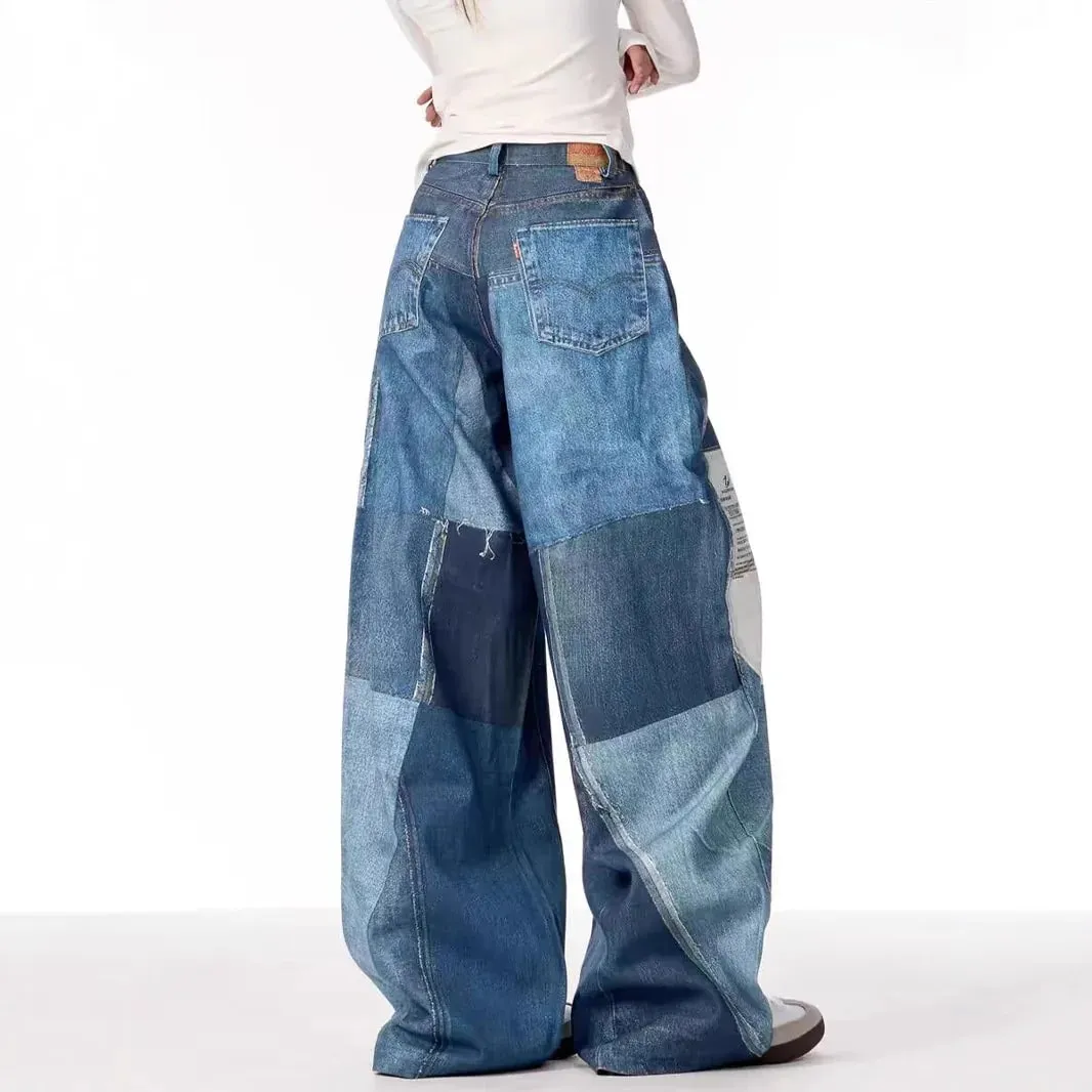 2025 American High Street Retro Design Patch Splicing Printed Jeans Men's and Women's Loose Straight Wide-leg Trousers — image 5