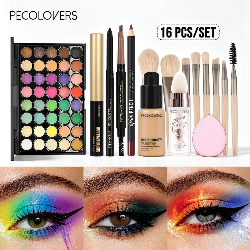 16PCS/SET Bright Multicolor Eyeshadow Long Lasting Foundation Primer Eye Lip Makeup and Soft Makeup Brushes for Party Looks