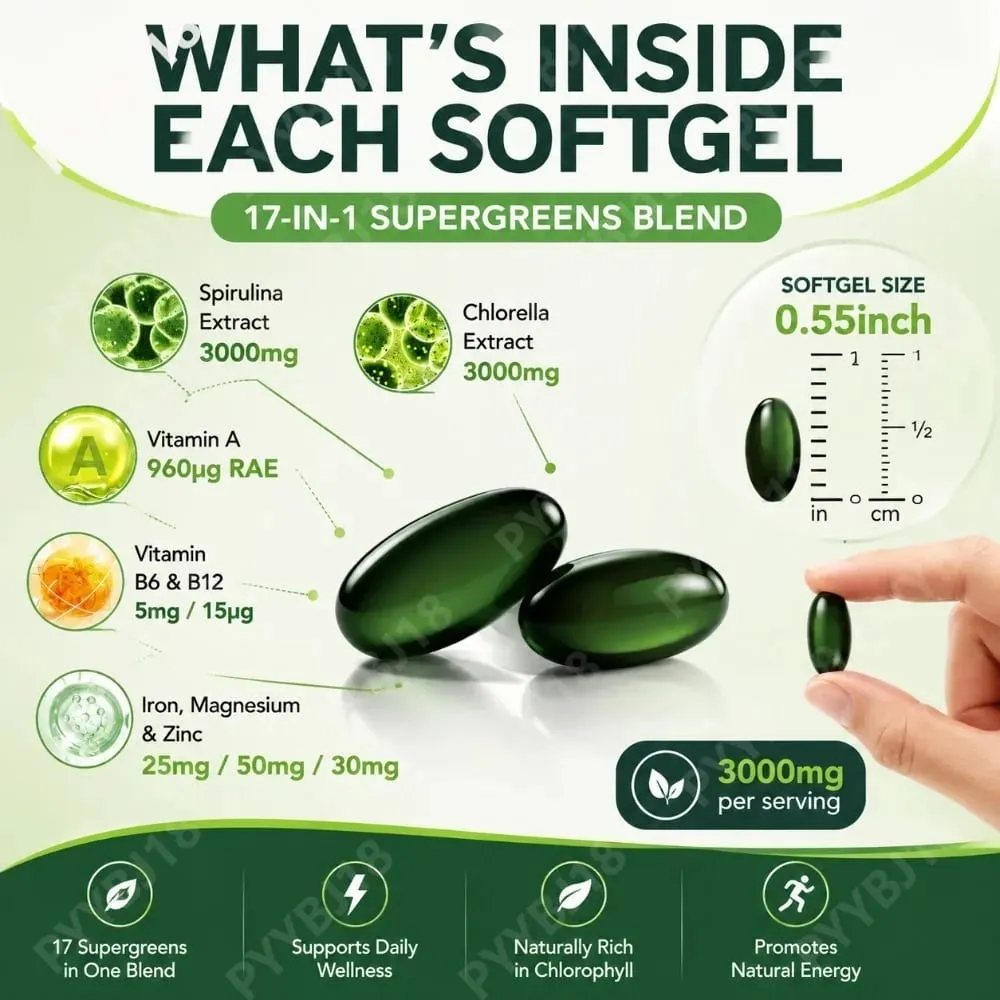 Solo Tree Spirulina Chlorella Softgels dengan Mikroalga Organik Vitamin B6 B12 Keseimbangan Pencernaan & Dukungan Kekebalan Tubuh 300 Softgels — image 7