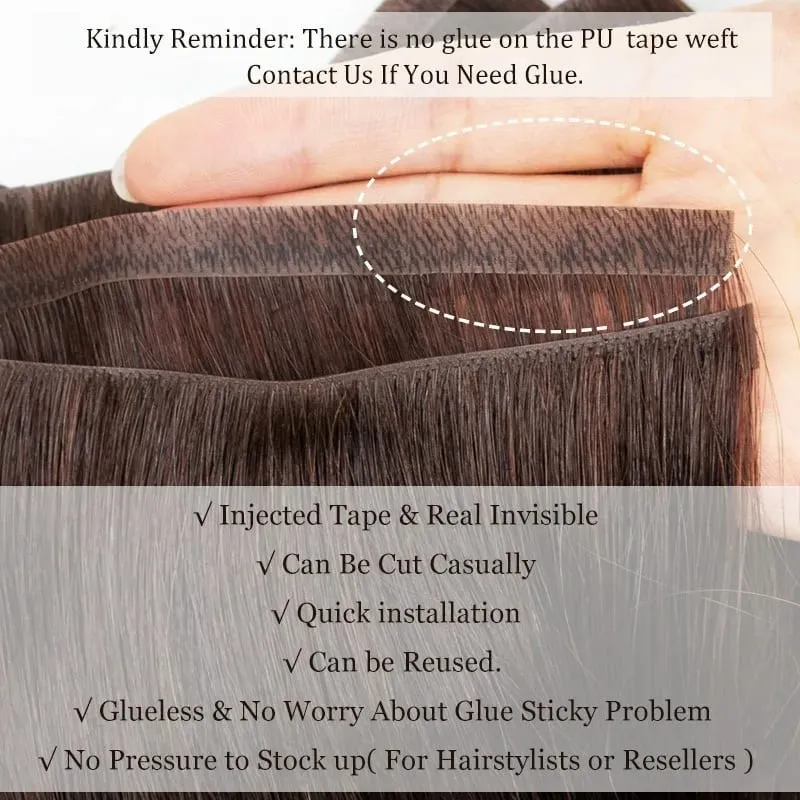 Injected Tape In Hair Extensions Invisible Long Tape PU Weft Human Hair Bundles Natural Hair Extensions 12-22 inch Thick Ends