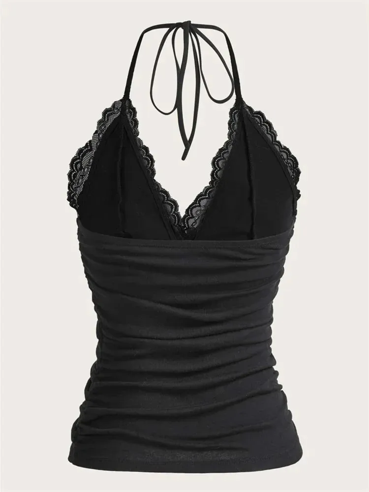Goth Grunge Punk Zwart Kant Patchwork Halter Top Vrouwen Zomer Effen Ruches Backless Mouwloze Tank Top Streetwear Y2K Kleding