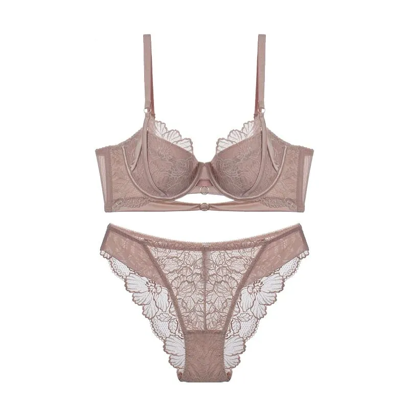 Sexy hollow lace bra set with steel ring thin large breasts show small underwear girls push up ladies lingerie panty