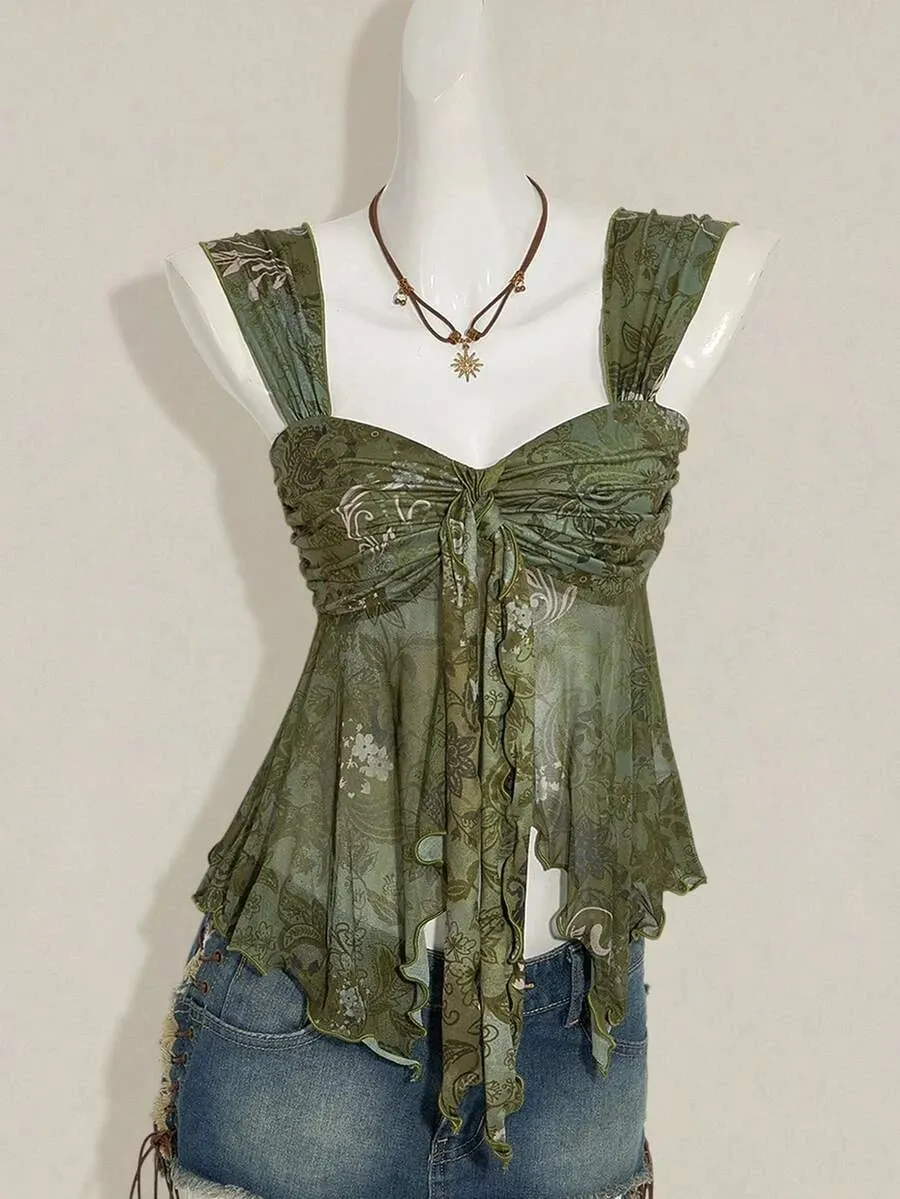 Top da donna con scollo a cuore, senza schienale, in rete, con pieghe, cinturino a pieghe, top corto a trapezio, estivo, sexy, carino, elegante, morbido e confortevole — image 2