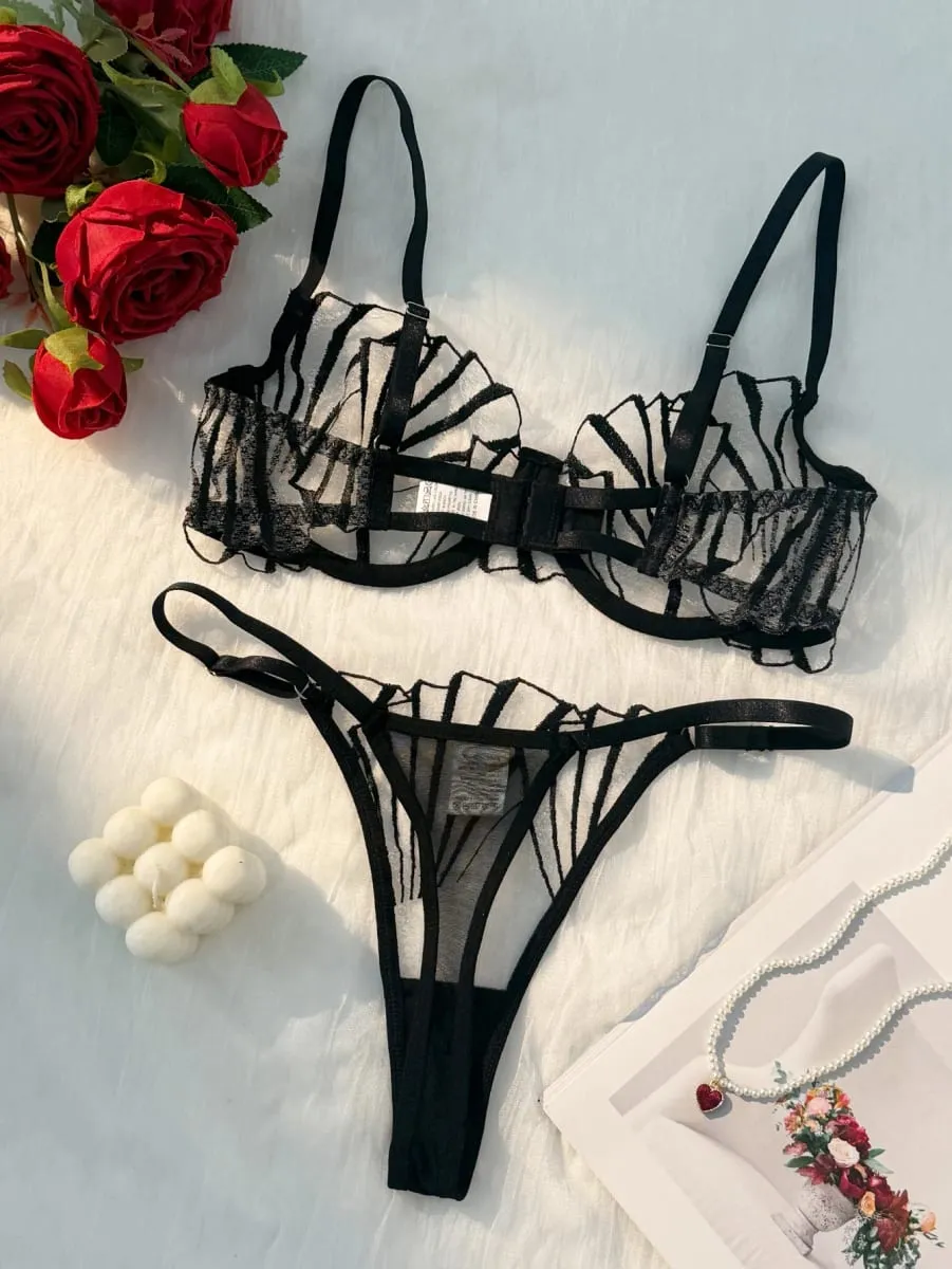 Set Pakaian Dalam Jaring Tipis Sulaman Daun Hitam Bra Berwayar & Seluar Dalam Wanita Seksi Boleh Laras ZA824058 — image 3