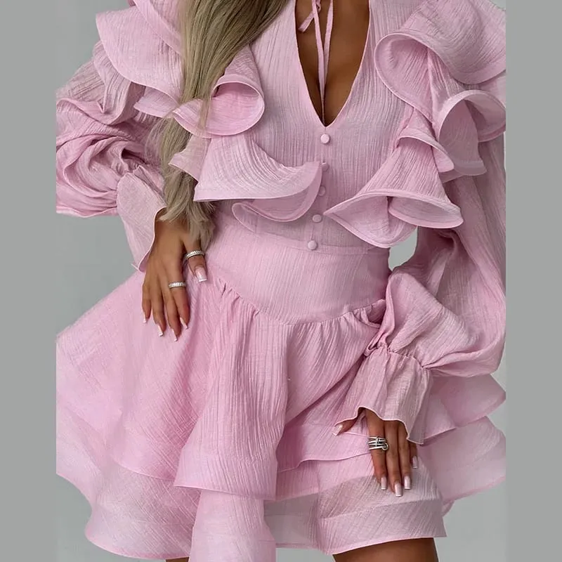 Solid flæse-minikjole U-hals Lange pufærmer Slips-hals Tiered Hem Sweet Style Kjole Bløde Pastelfarver Mode Chic Kvinder Outfit — image 8