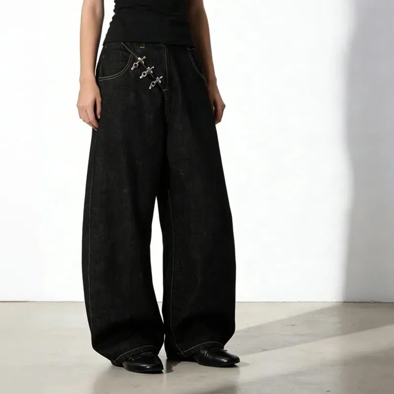 Projekt guzika samolotu Czarne męskie jeansy typu Boot Cut Niszowe Unisex Główna ulica Luźne szerokie nogawki Denim długie spodnie 2026 Nowy 9X2176 — image 5